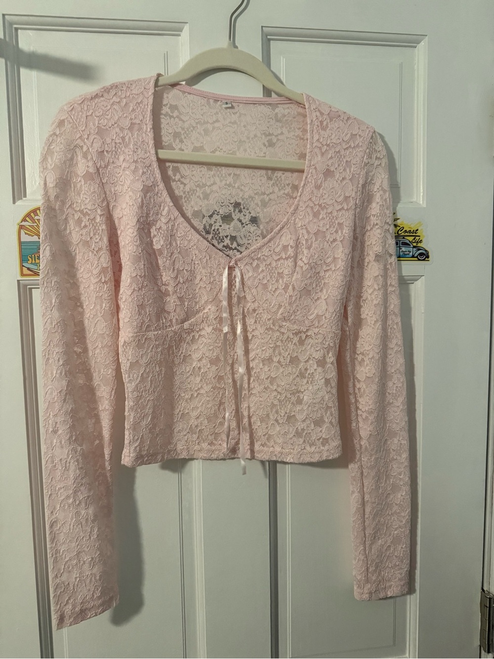 Amazon Women’s Light Pink Lace Long Sleeve Tie-Front Top